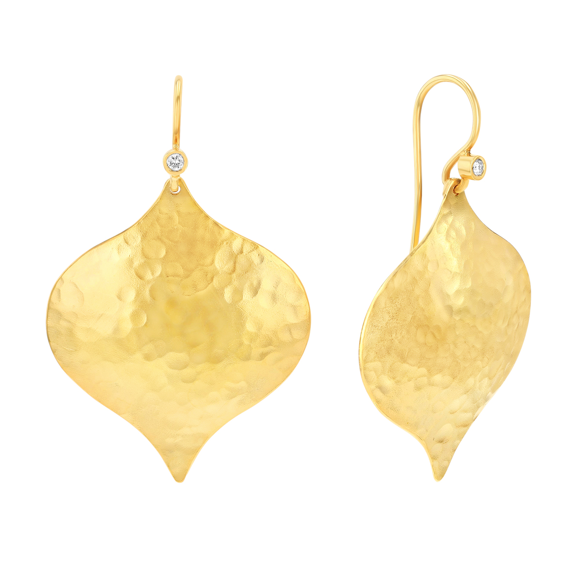Marika Hammered Yellow Gold Leaf Shape Dangle Earrings with Dainty Diamond Accents in Yellow Gold