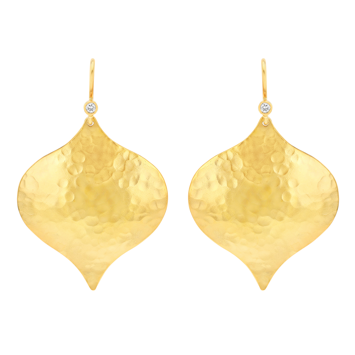 Marika Hammered Yellow Gold Leaf Shape Dangle Earrings with Dainty Diamond Accents in Yellow Gold