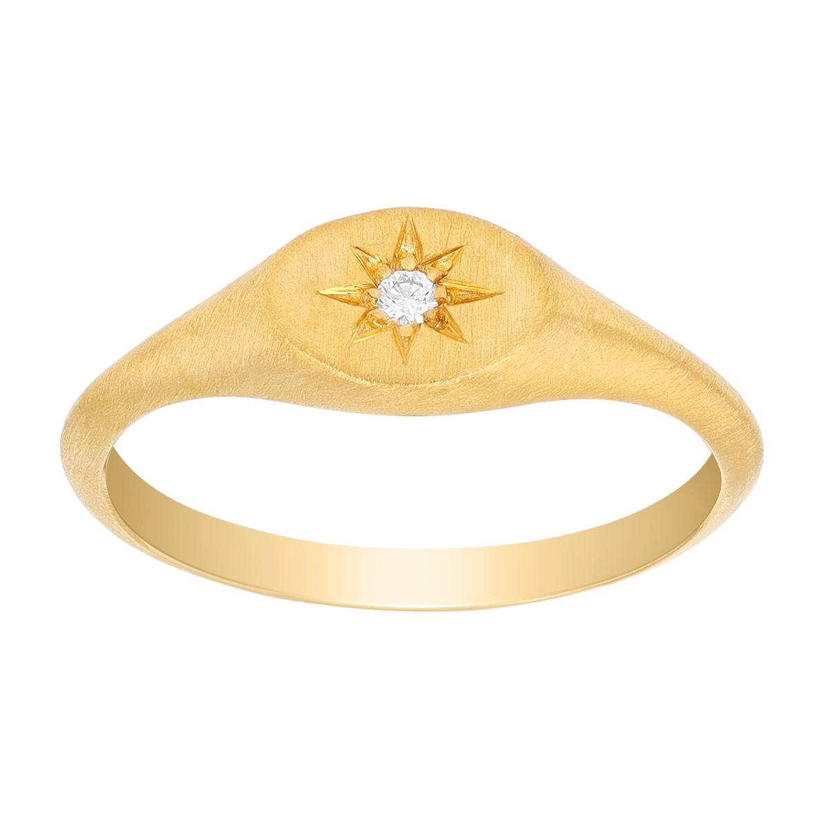 Marika Flush Set Diamond Starburst Signet Ring in Satin Yellow Gold, Size 6.5