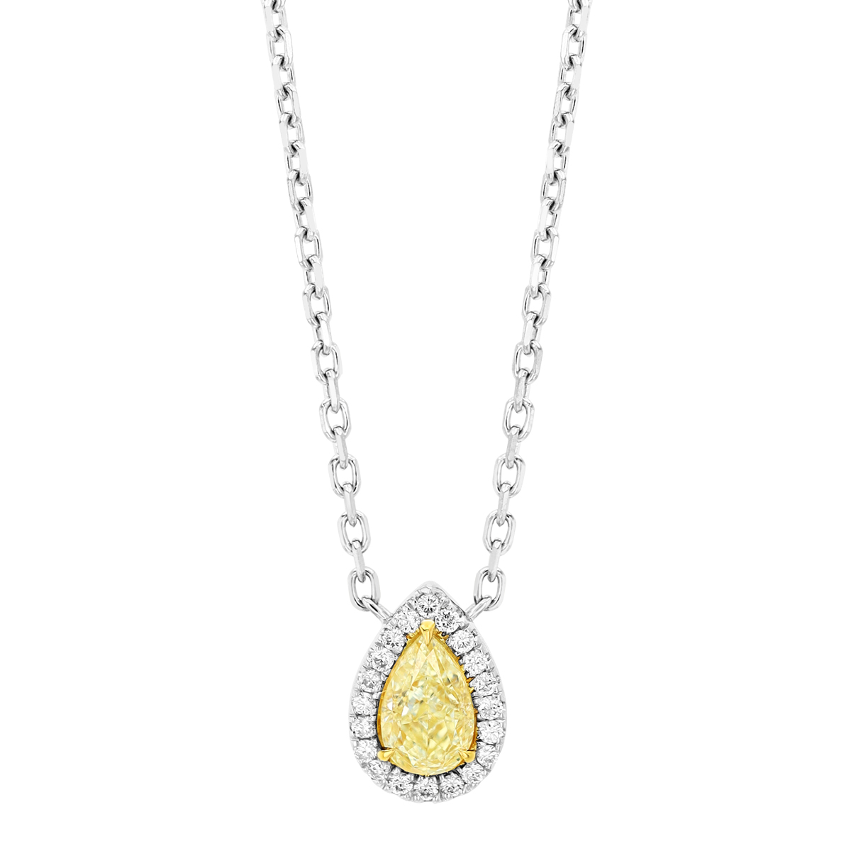 Pear Shape Fancy Yellow Diamond & White Diamond Halo Pendant in White Gold, 18