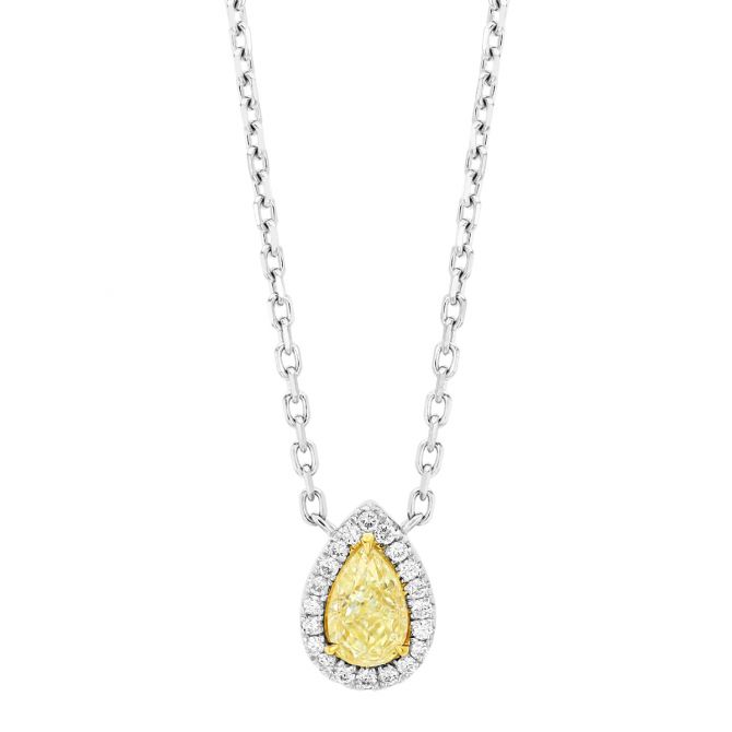 Pear Shape Fancy Yellow Diamond & White Diamond Halo Pendant in White Gold, 18"
