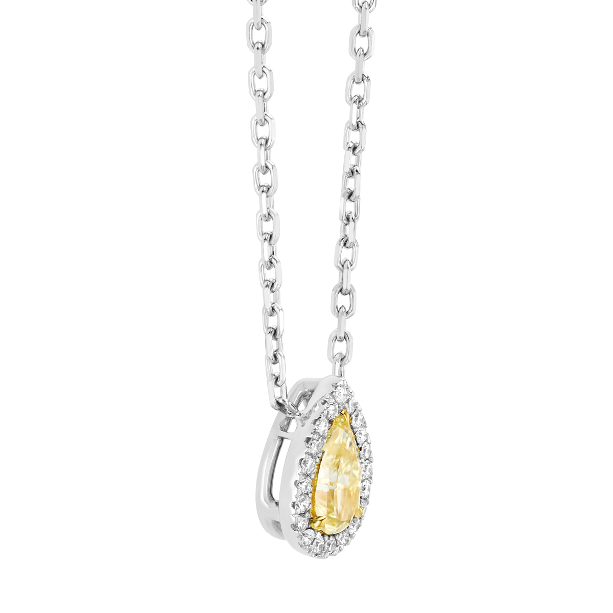 Pear Shape Fancy Yellow Diamond & White Diamond Halo Pendant in White Gold, 18