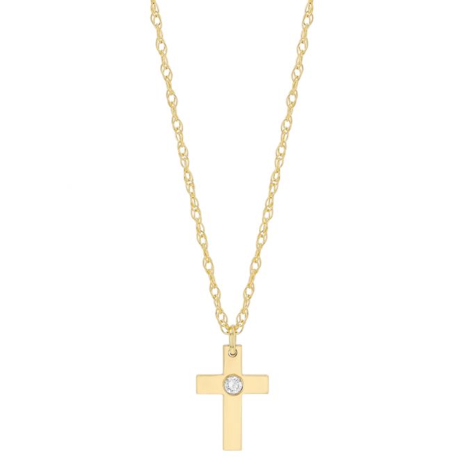 Flush Set Diamond Cross Pendant in Yellow Gold, 18"