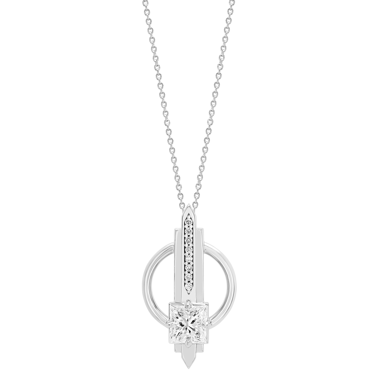 Princess Cut Diamond Column & Circle Pendant in White Gold, 18