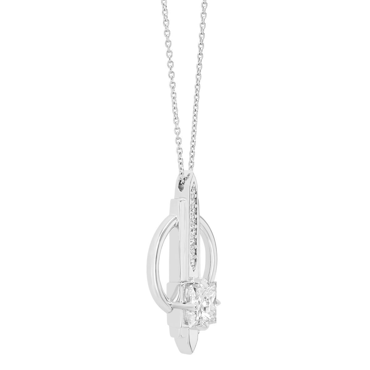 Princess Cut Diamond Column & Circle Pendant in White Gold, 18