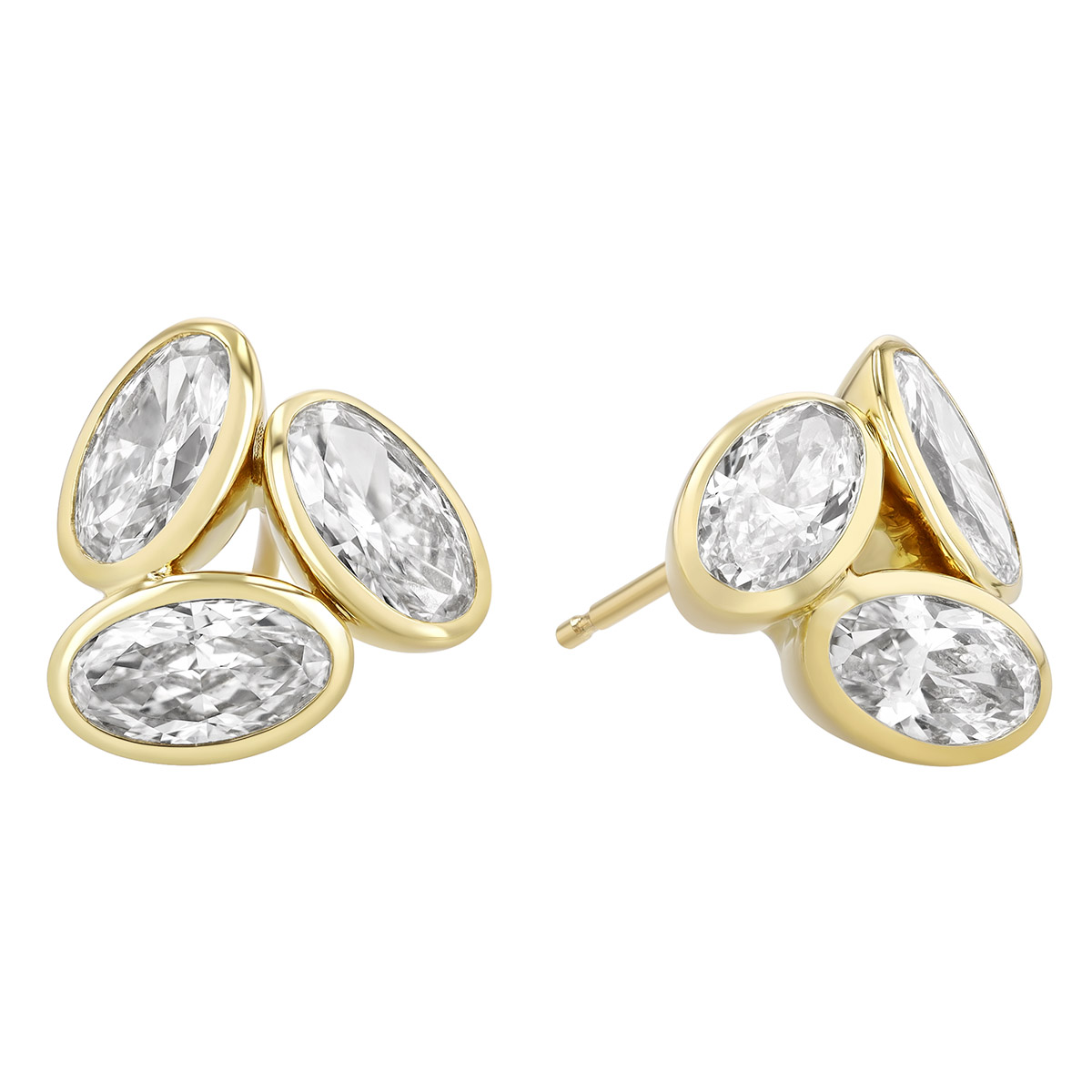 Rahaminov Bezel Set Oval Diamond Trio Cluster Stud Earrings in Yellow Gold