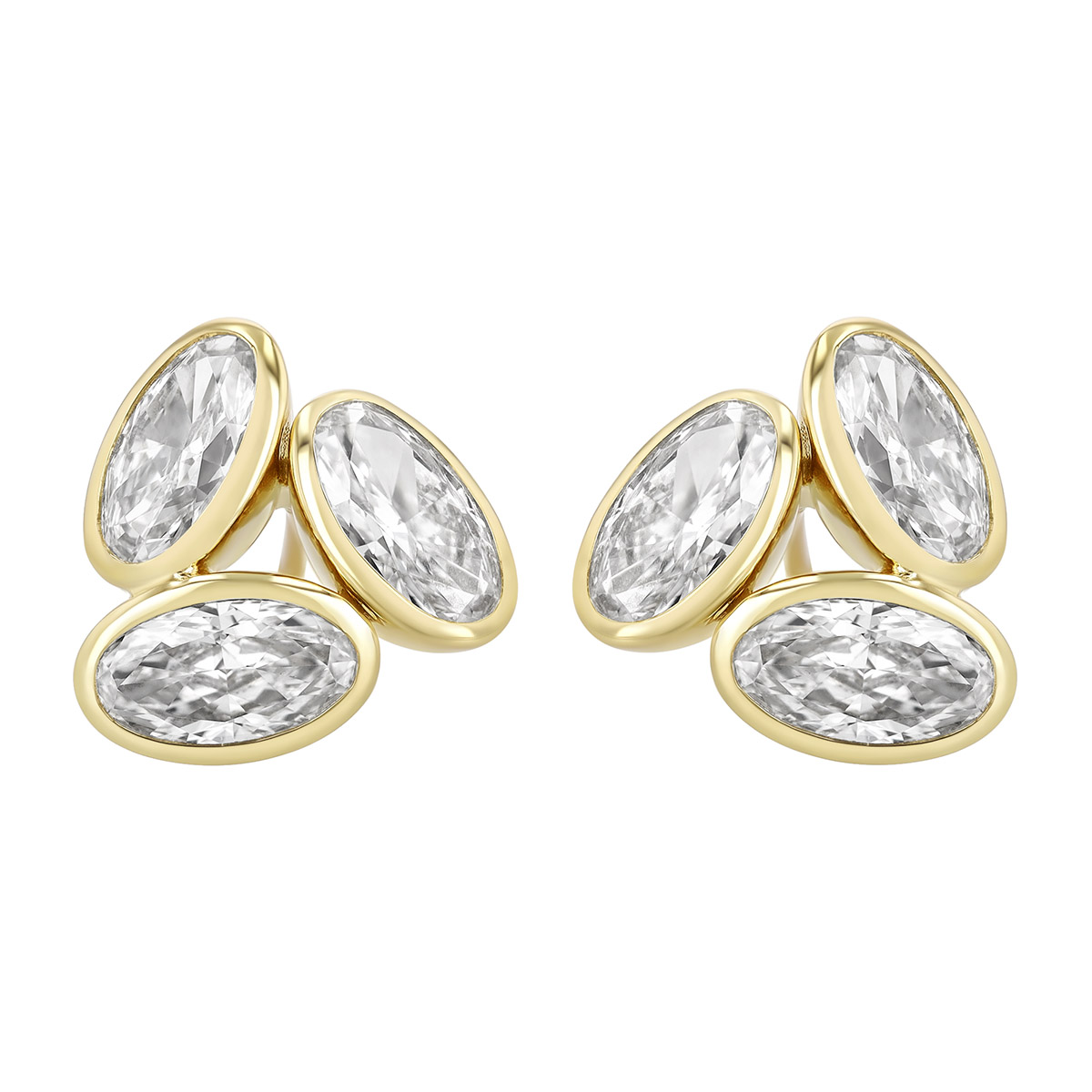 Rahaminov Bezel Set Oval Diamond Trio Cluster Stud Earrings in Yellow Gold