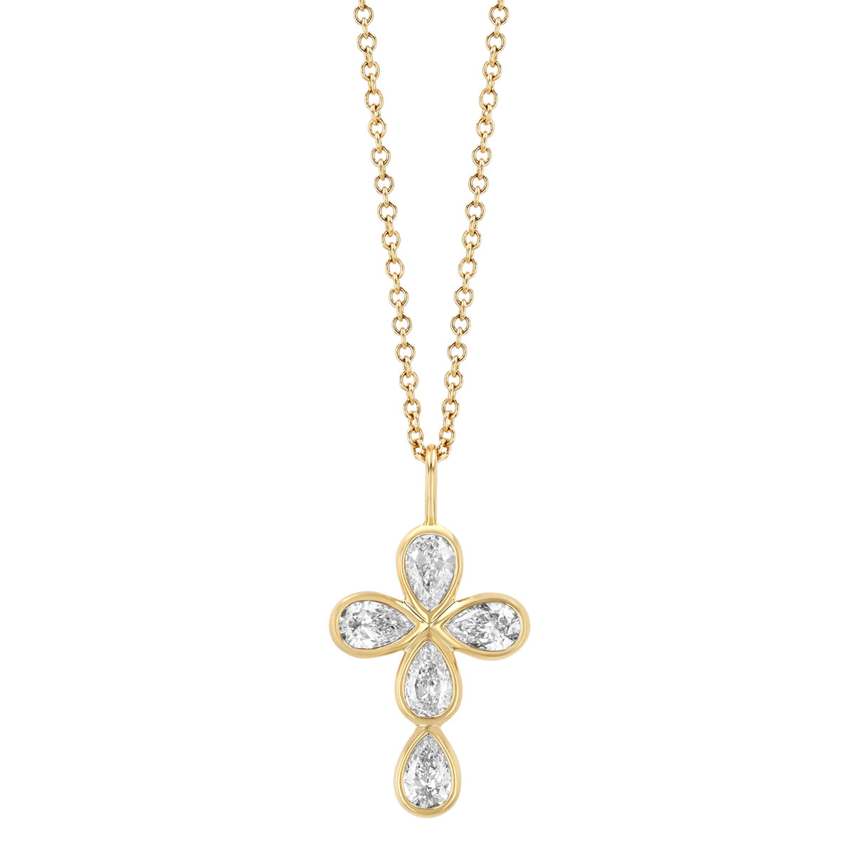 Rahaminov Bezel Set Pear Shape Diamond 5 Stone Cross Pendant in Yellow Gold, 18