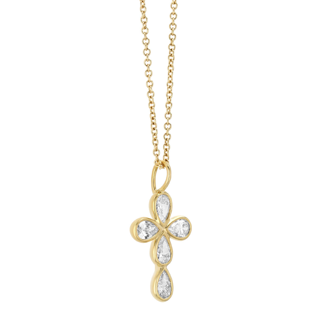 Rahaminov Bezel Set Pear Shape Diamond 5 Stone Cross Pendant in Yellow Gold, 18