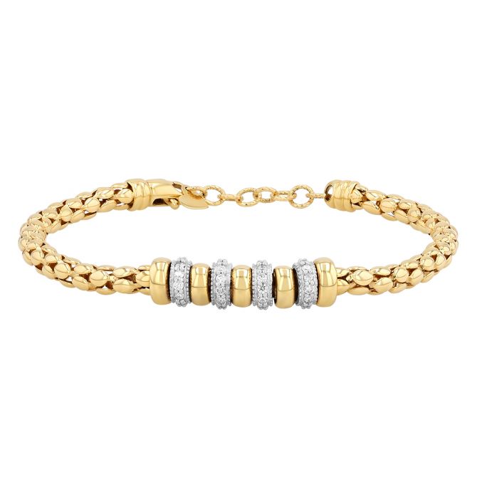 Diamond & Yellow Gold Bead Rounded Box Chain Bracelet, 7"