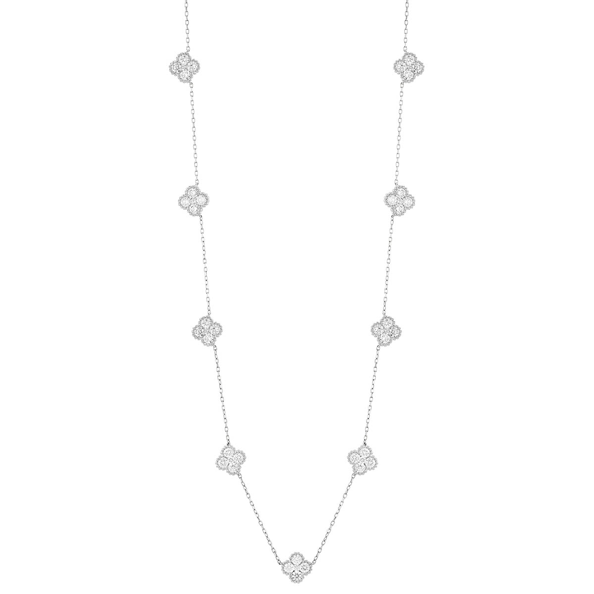 Diamond Cluster Clover Station Necklace in White Gold, 17