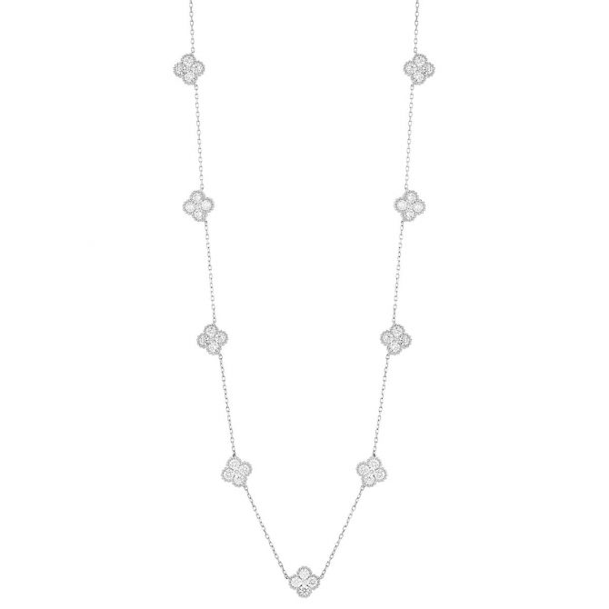 Diamond Cluster Clover Station Necklace in White Gold, 17"