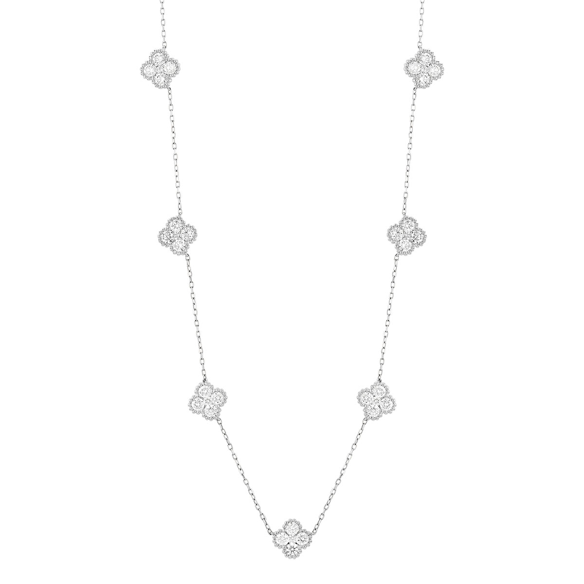 Diamond Cluster Clover Station Necklace in White Gold, 17