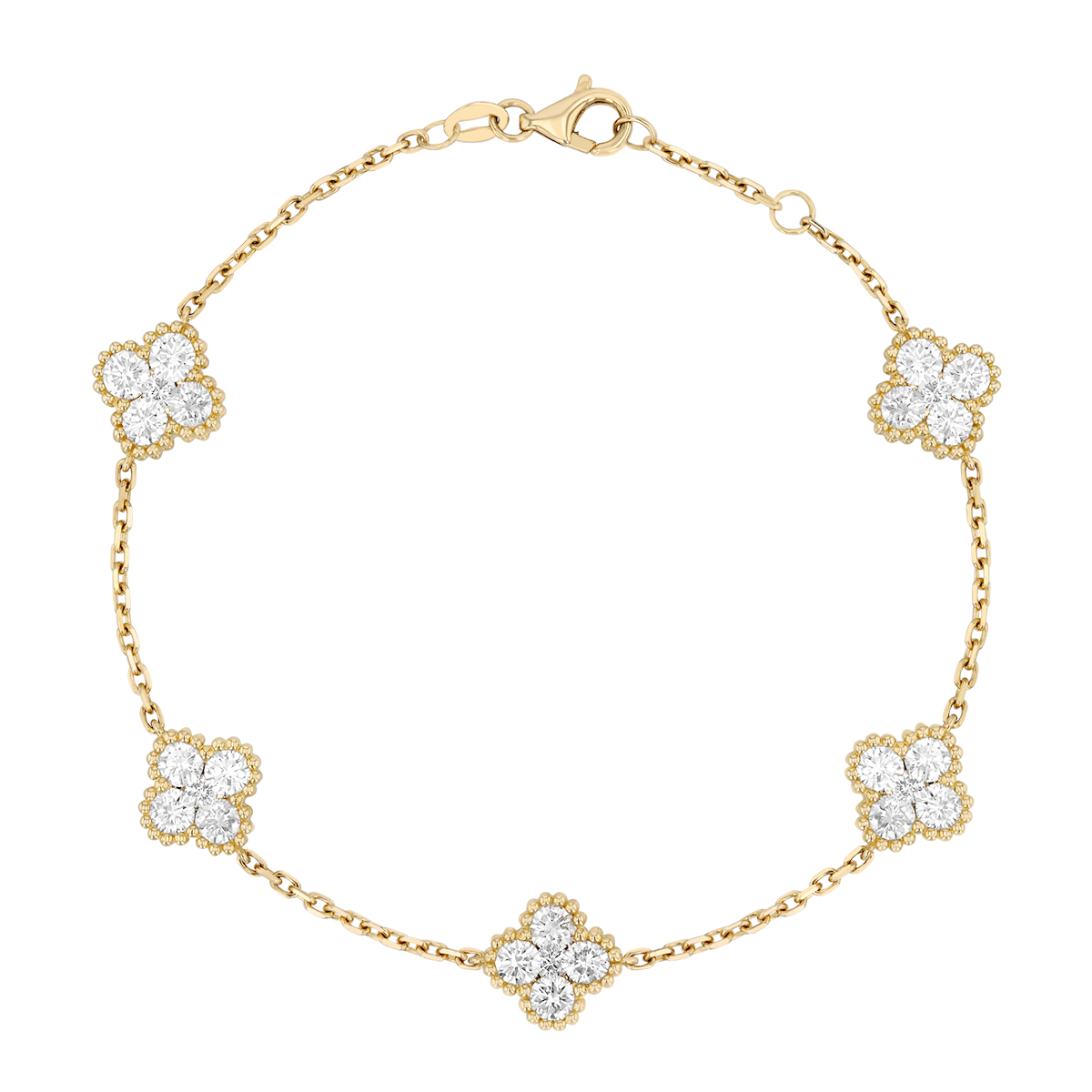 Diamond Clover Cluster Station Bracelet in Yellow Gold, 7