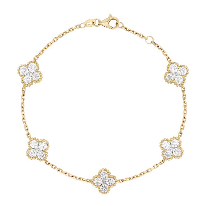 Diamond Clover Cluster Station Bracelet in Yellow Gold, 7"