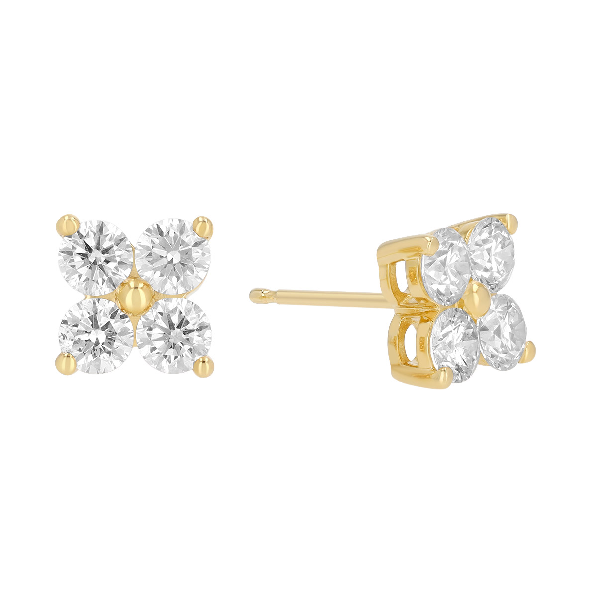 Round Diamond Quartet Cluster Stud Earrings in Yellow Gold