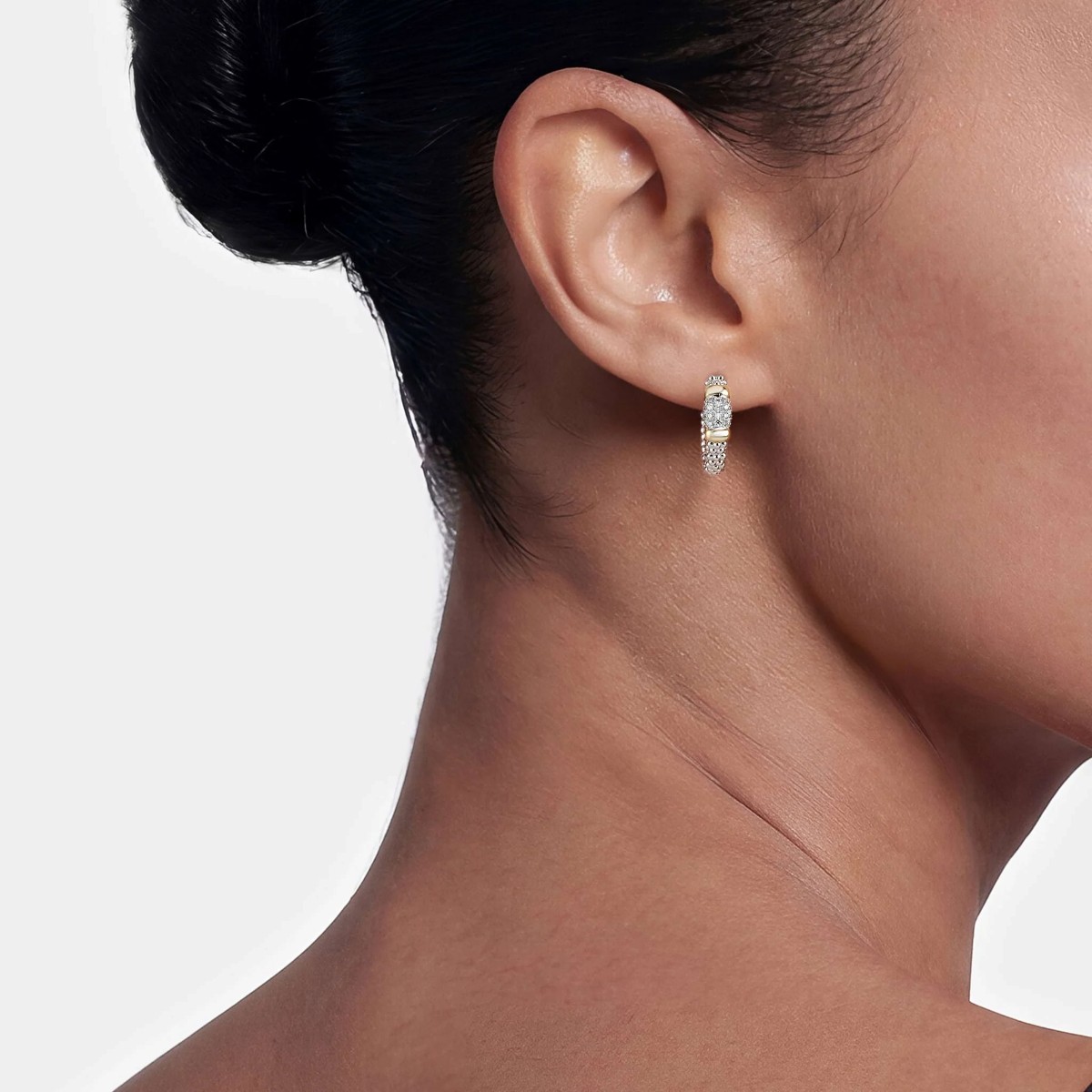 LAGOS Signature Caviar Two-Tone Diamond Huggie Earrings in Sterling Silver & 14K Yellow Gold