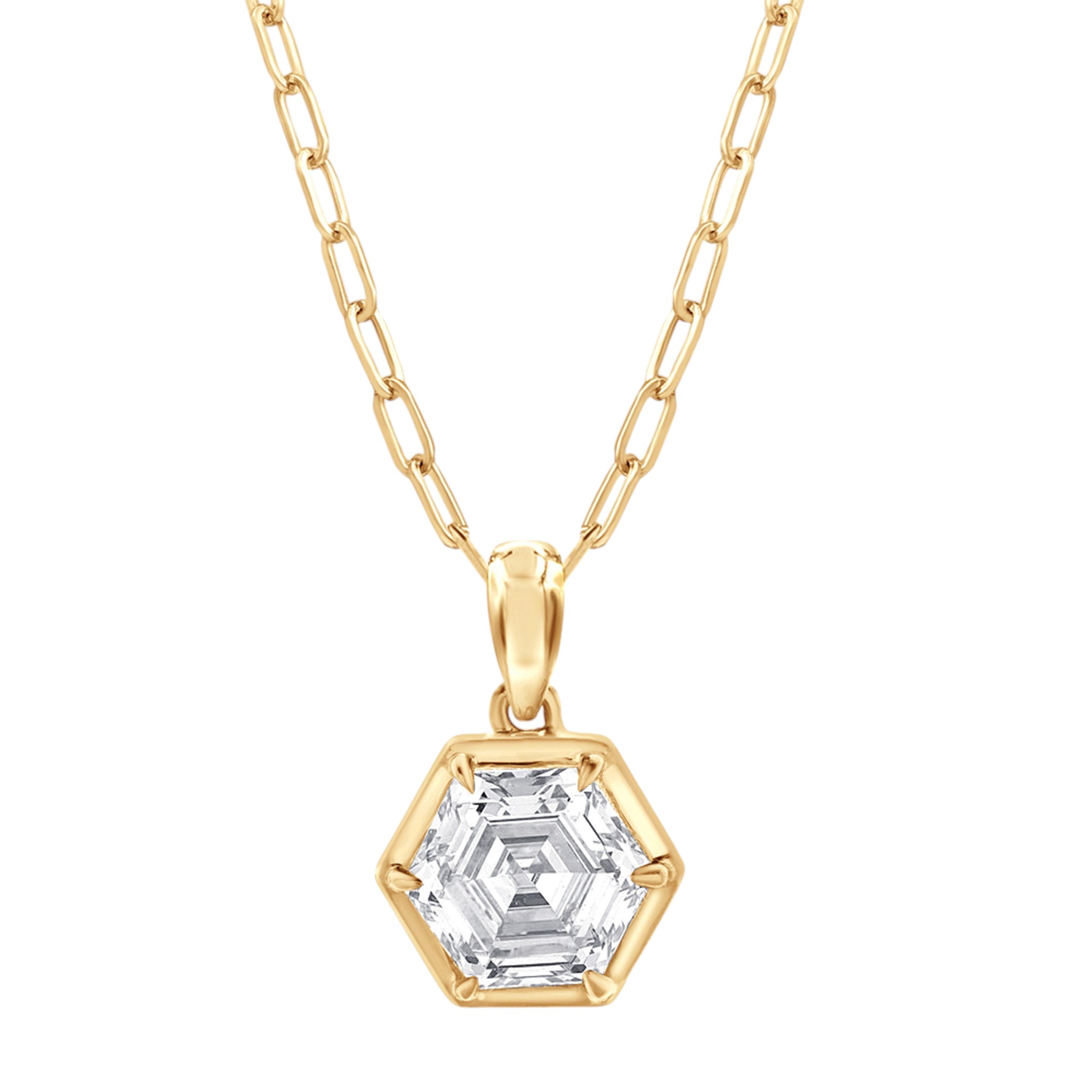 Hexagon Lab Grown Diamond Bezel Set Pendant Necklace in 14K Yellow Gold