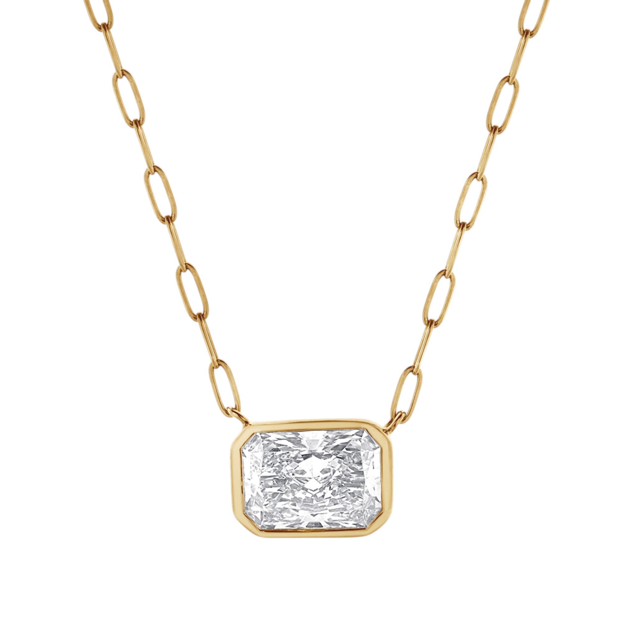 Radiant Cut Lab Grown Diamond Bezel Set East West Necklace in 14K Yellow Gold