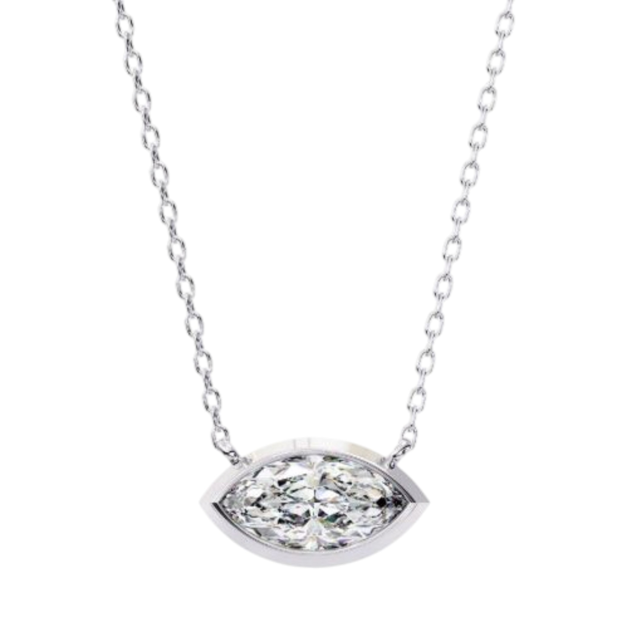 Lab Grown Marquise Diamond Solitaire Bezel Set Necklace in 14K White Gold