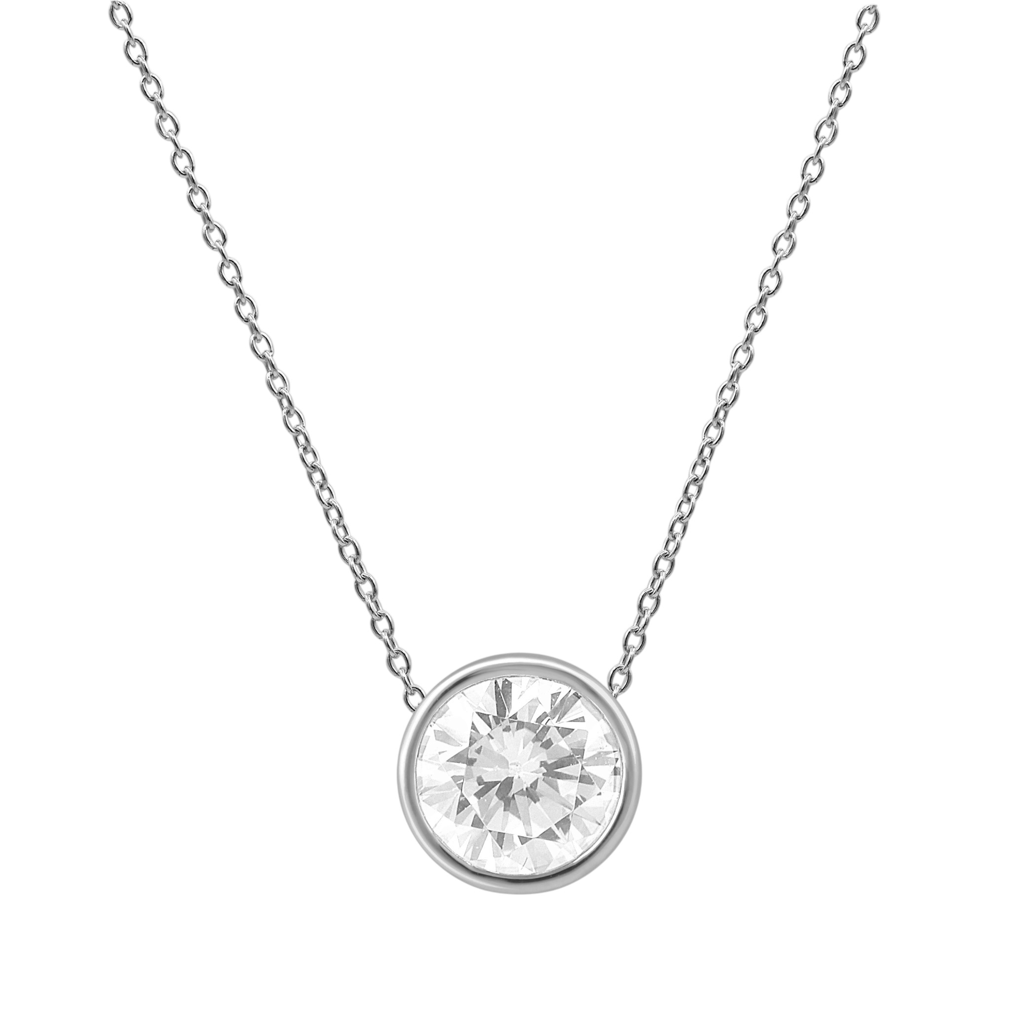 Lab Grown Round Diamond Solitaire Bezel Set Necklace in 14K White Gold, 1 ct