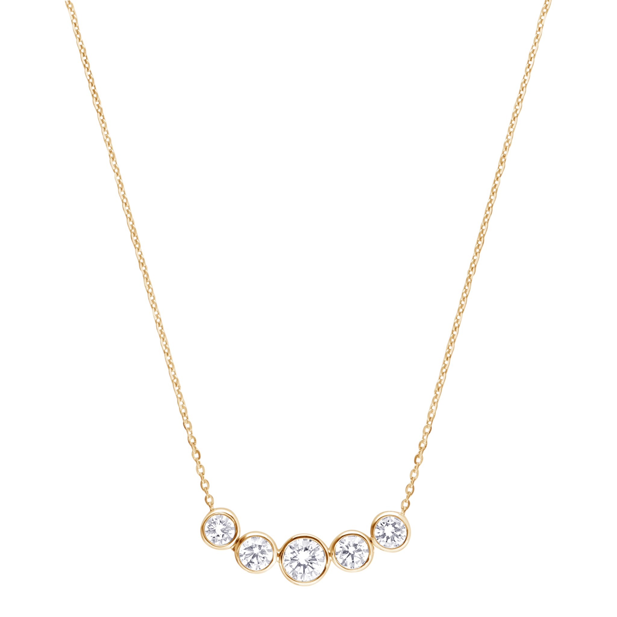 Lab Grown Diamond Bezel Set Curved Bar 5 Stone Necklace in 14K Yellow Gold, 2 cttw