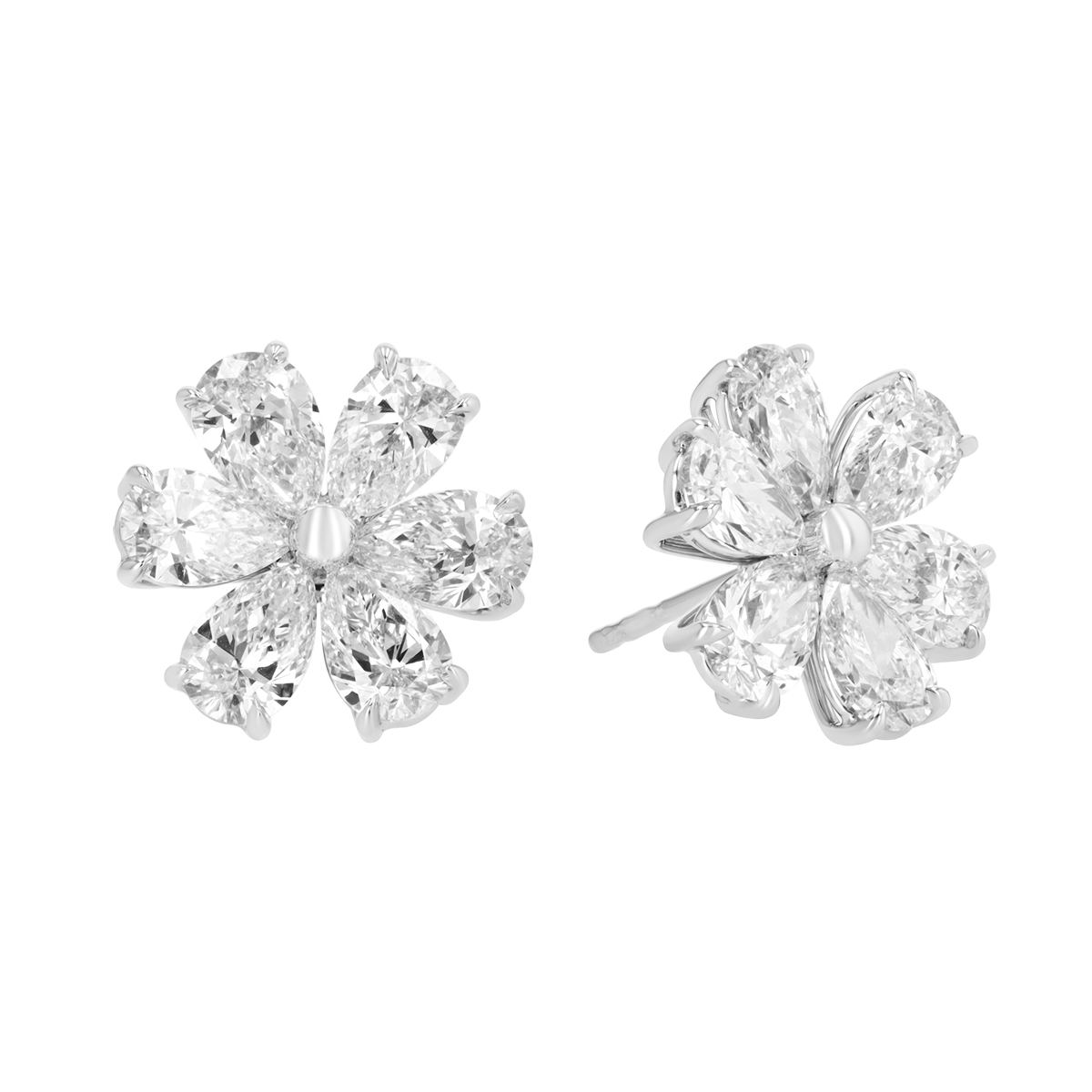 Pear Shape Diamond Flower Stud Earrings in White Gold
