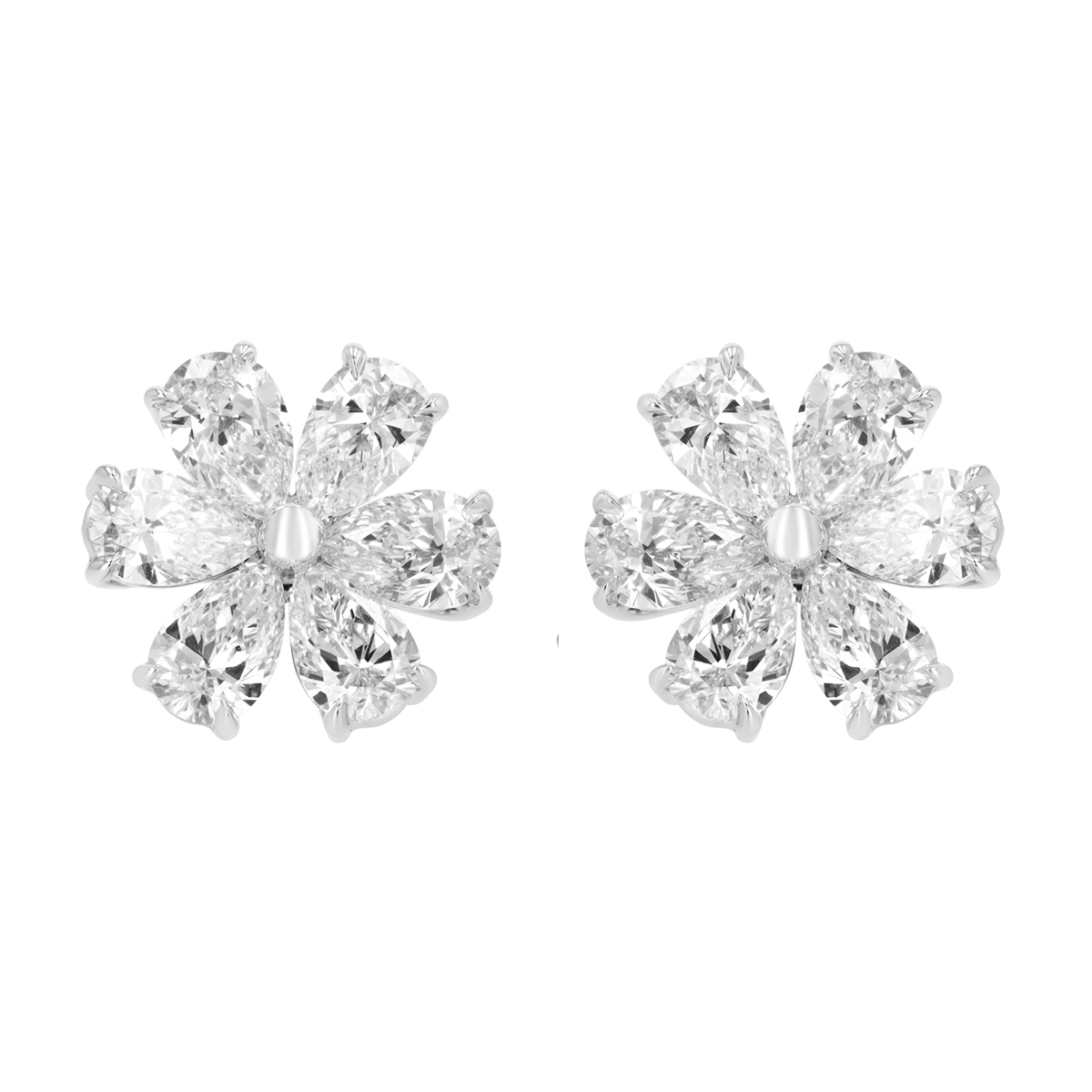 Pear Shape Diamond Flower Stud Earrings in White Gold