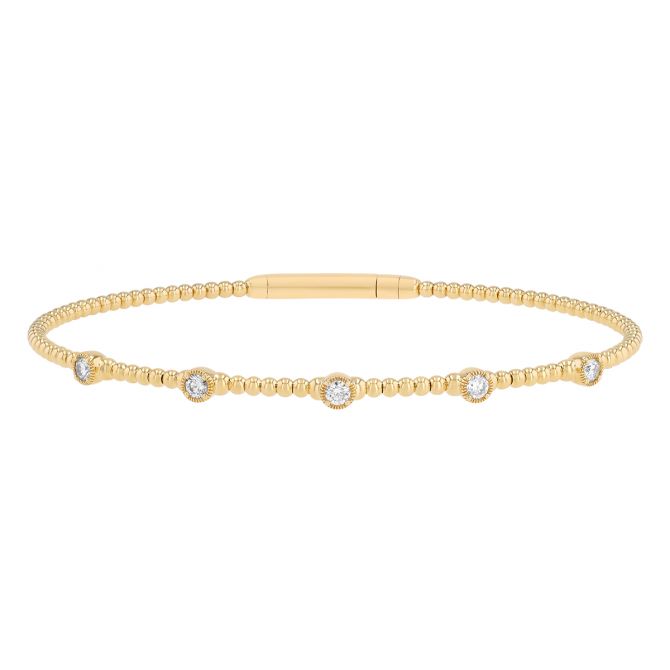 Round Diamond Station Beaded Bracelet in Yellow Gold, 6.5"