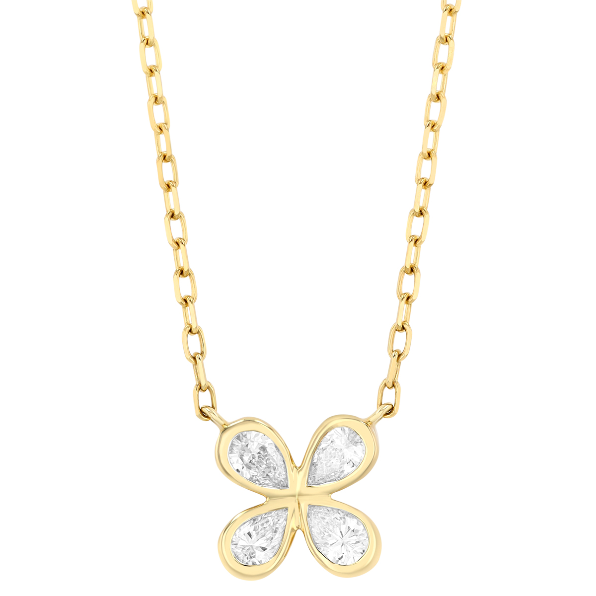 Bezel Set Pear Shape Diamond Clover Pendant in Yellow Gold, 18