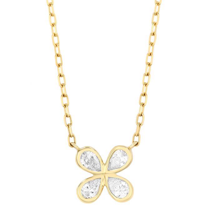 Bezel Set Pear Shape Diamond Clover Pendant in Yellow Gold, 18"