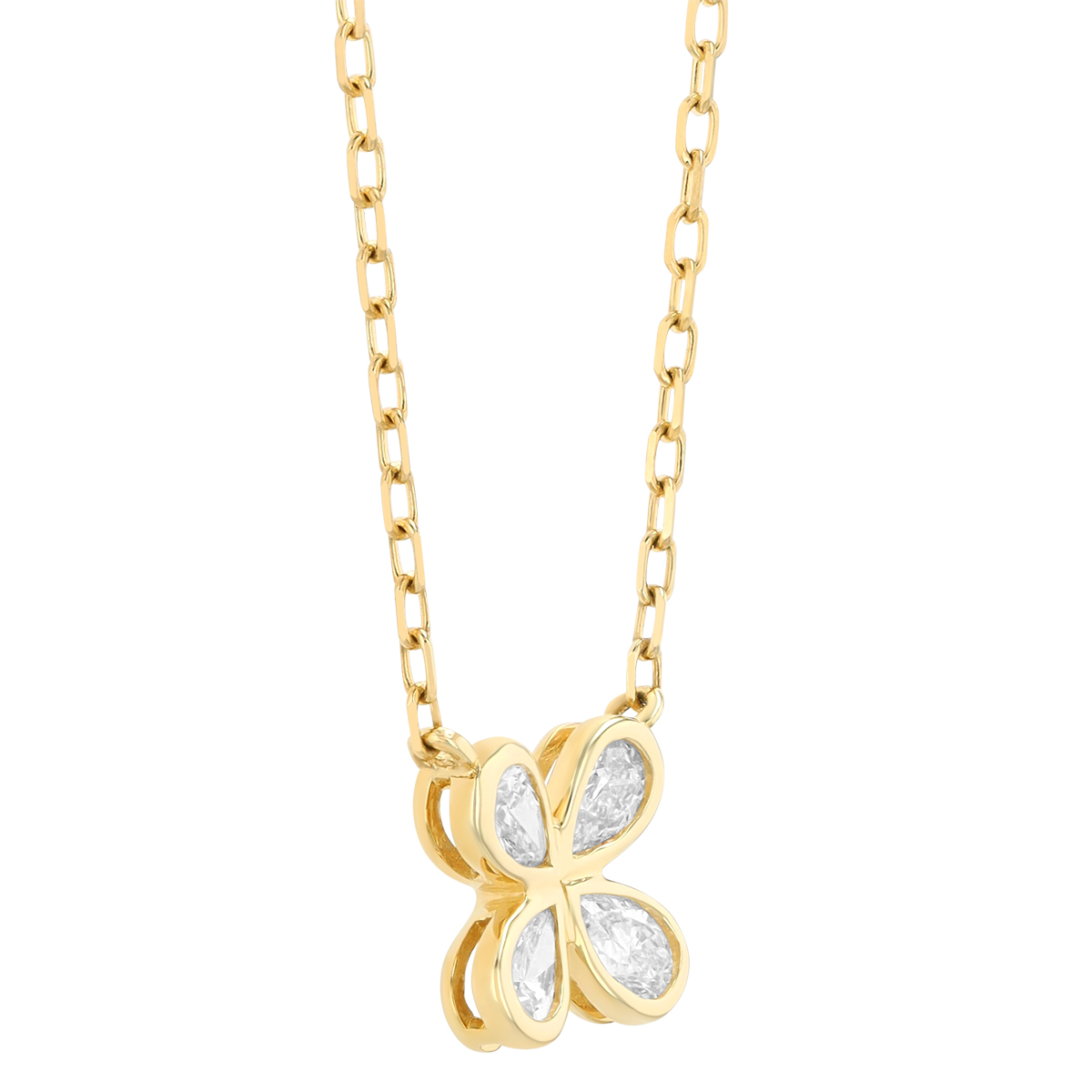 Bezel Set Pear Shape Diamond Clover Pendant in Yellow Gold, 18