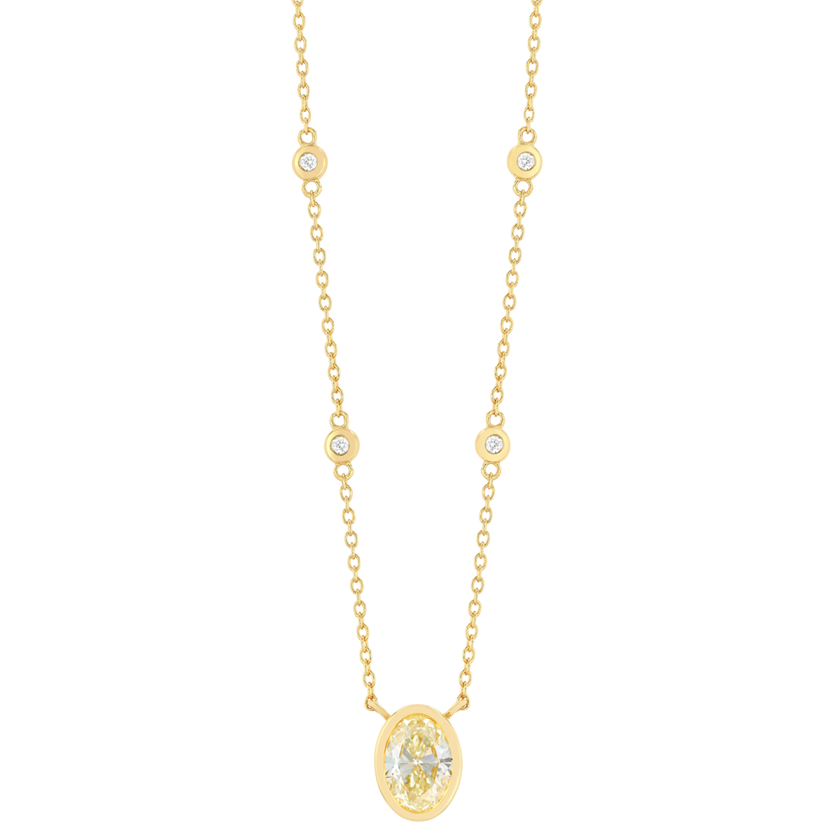 Bezel Set Oval Fancy Yellow Diamond & Station Necklace in Yellow Gold