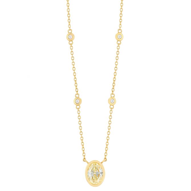 Bezel Set Oval Fancy Yellow Diamond & Station Necklace in Yellow Gold