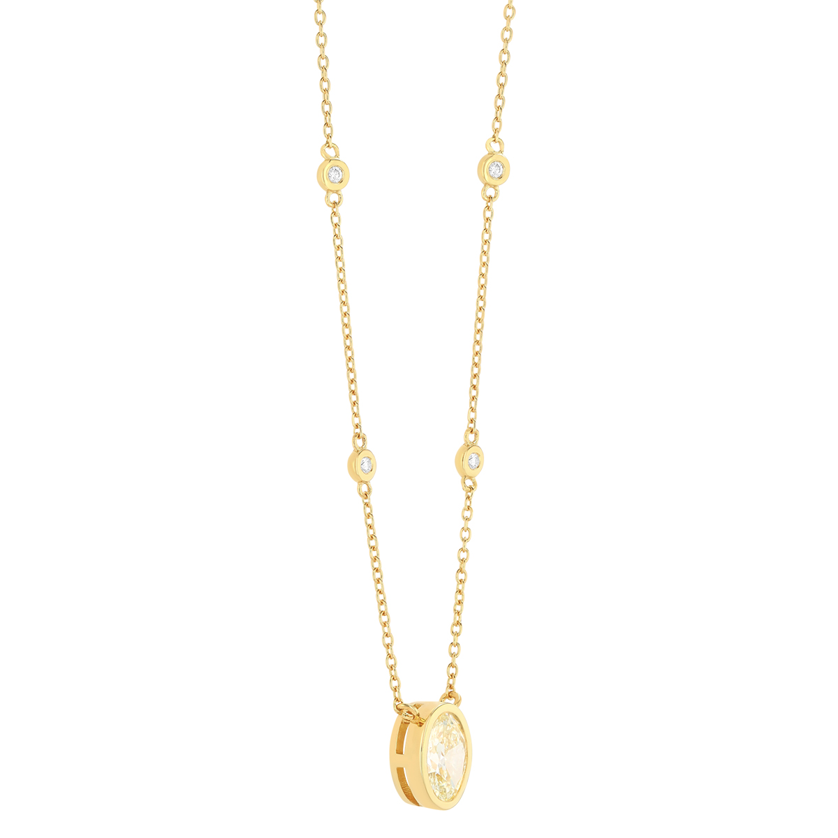 Bezel Set Oval Fancy Yellow Diamond & Station Necklace in Yellow Gold
