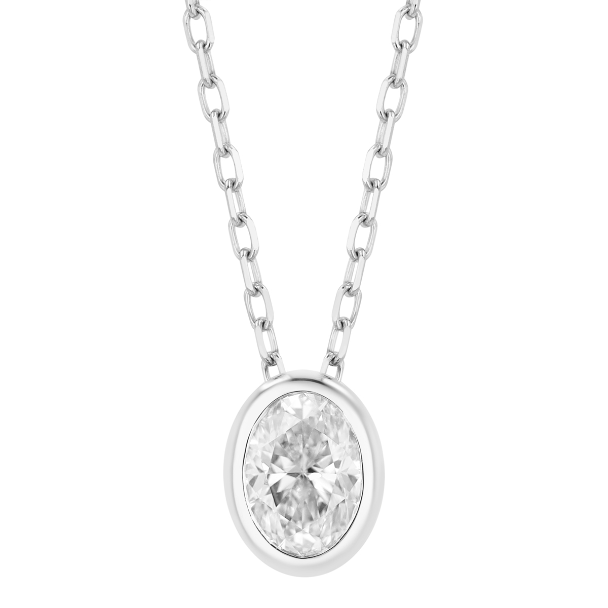 Bezel Set Oval Diamond Solitaire Pendant in White Gold, 0.50 ct