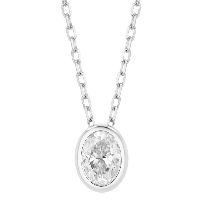 Bezel Set Oval Diamond Solitaire Pendant in White Gold, 0.50 ct