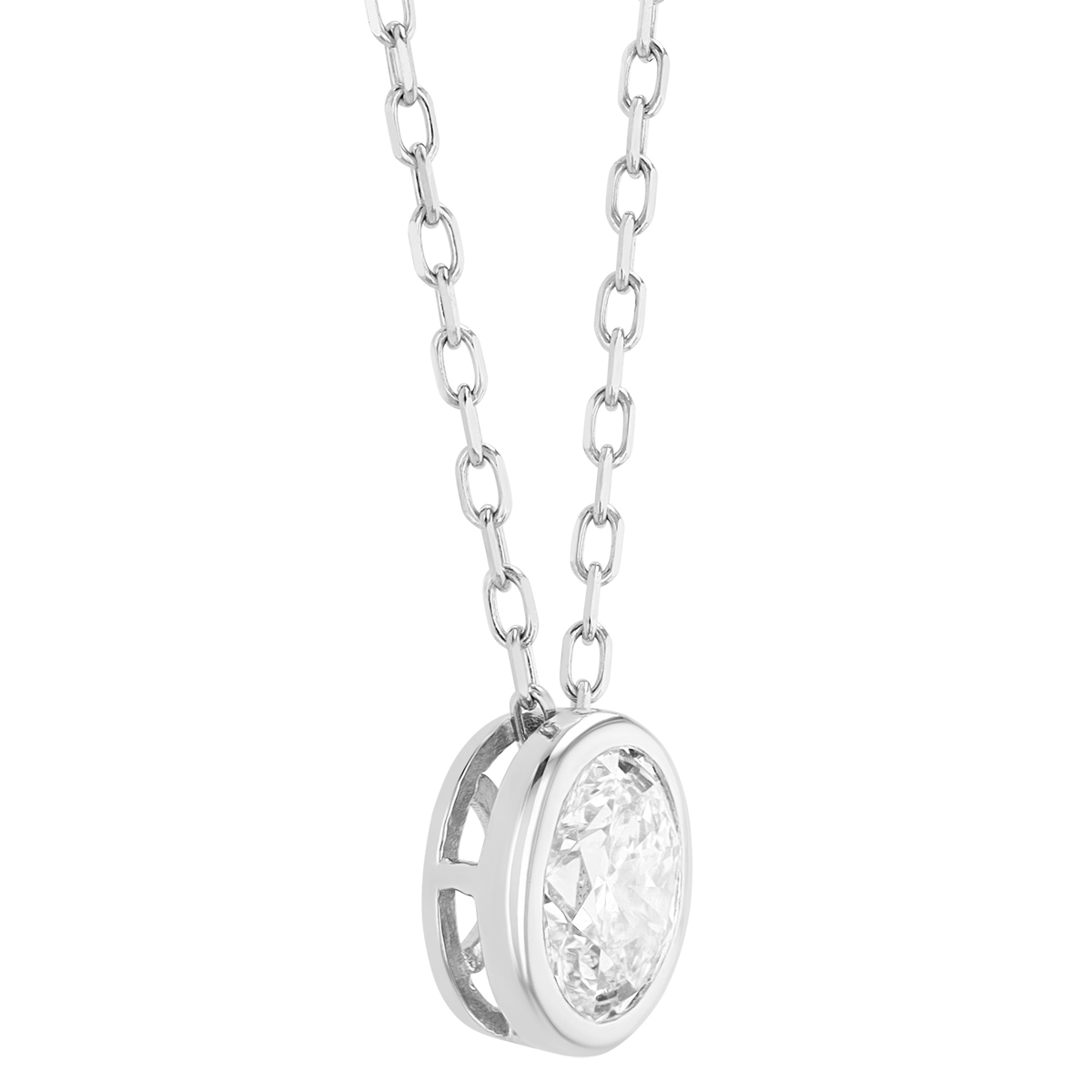 Bezel Set Oval Diamond Solitaire Pendant in White Gold, 0.50 ct