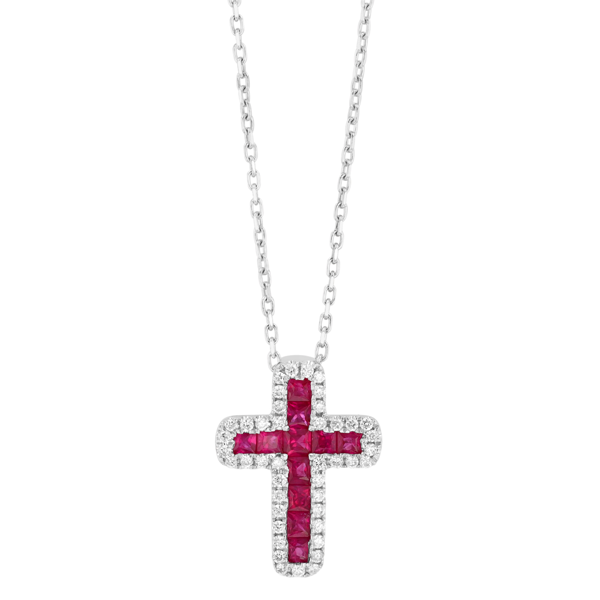 Square Step Cut Ruby & Diamond Halo Cross Pendant in White Gold