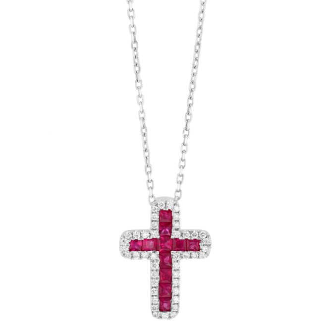 Square Step Cut Ruby & Diamond Halo Cross Pendant in White Gold