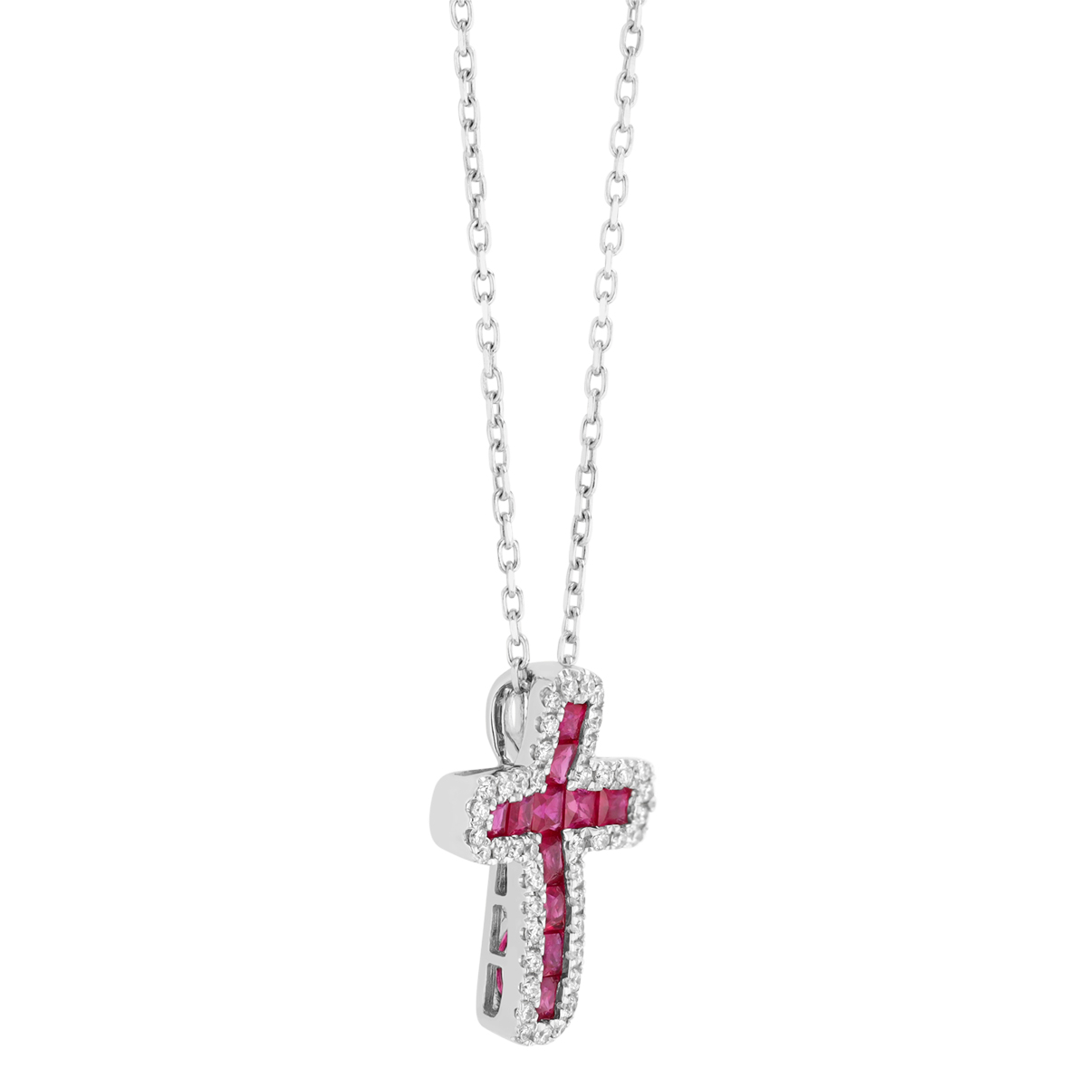 Square Step Cut Ruby & Diamond Halo Cross Pendant in White Gold