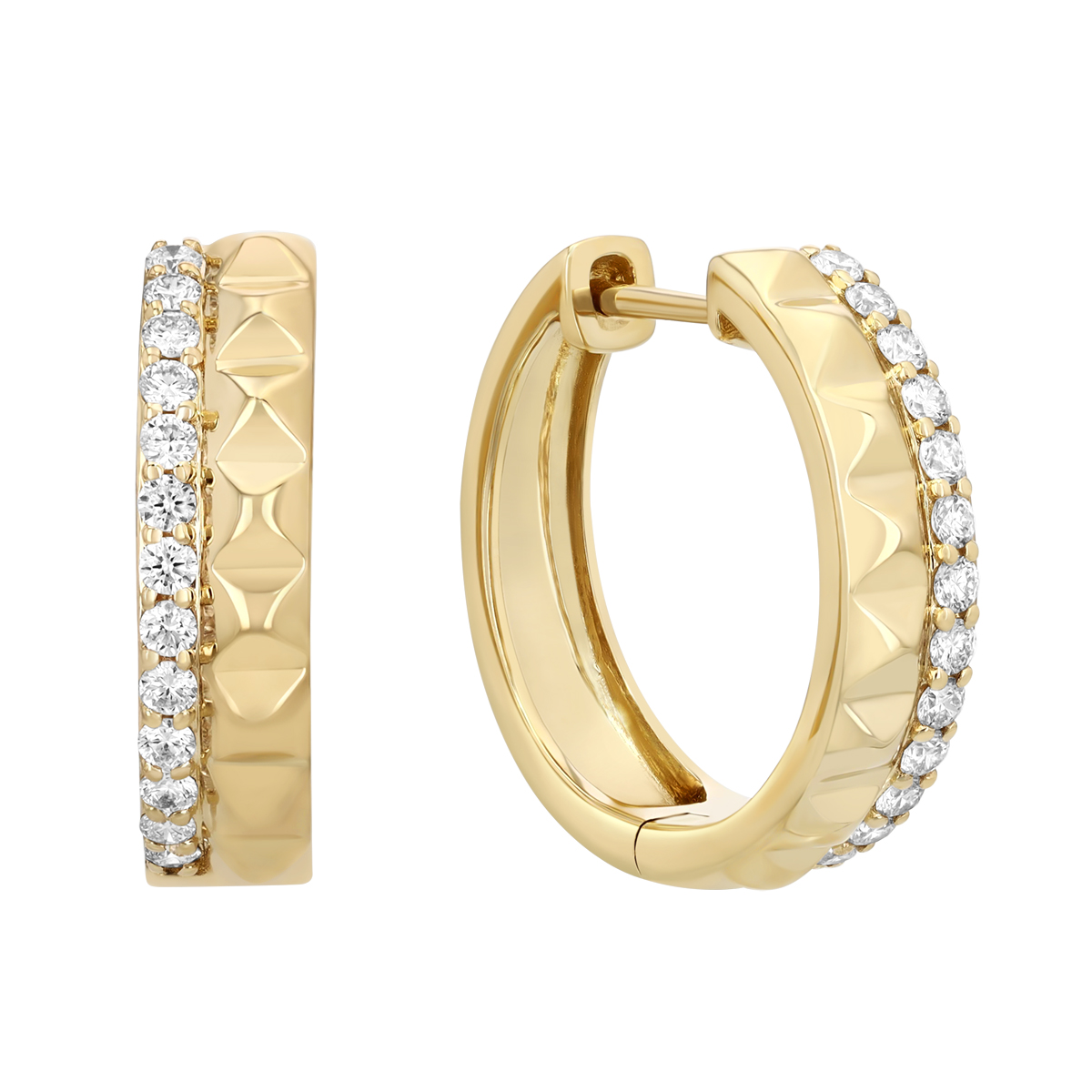 Diamond & Pyramid Pattern Hoop Earrings in Yellow Gold