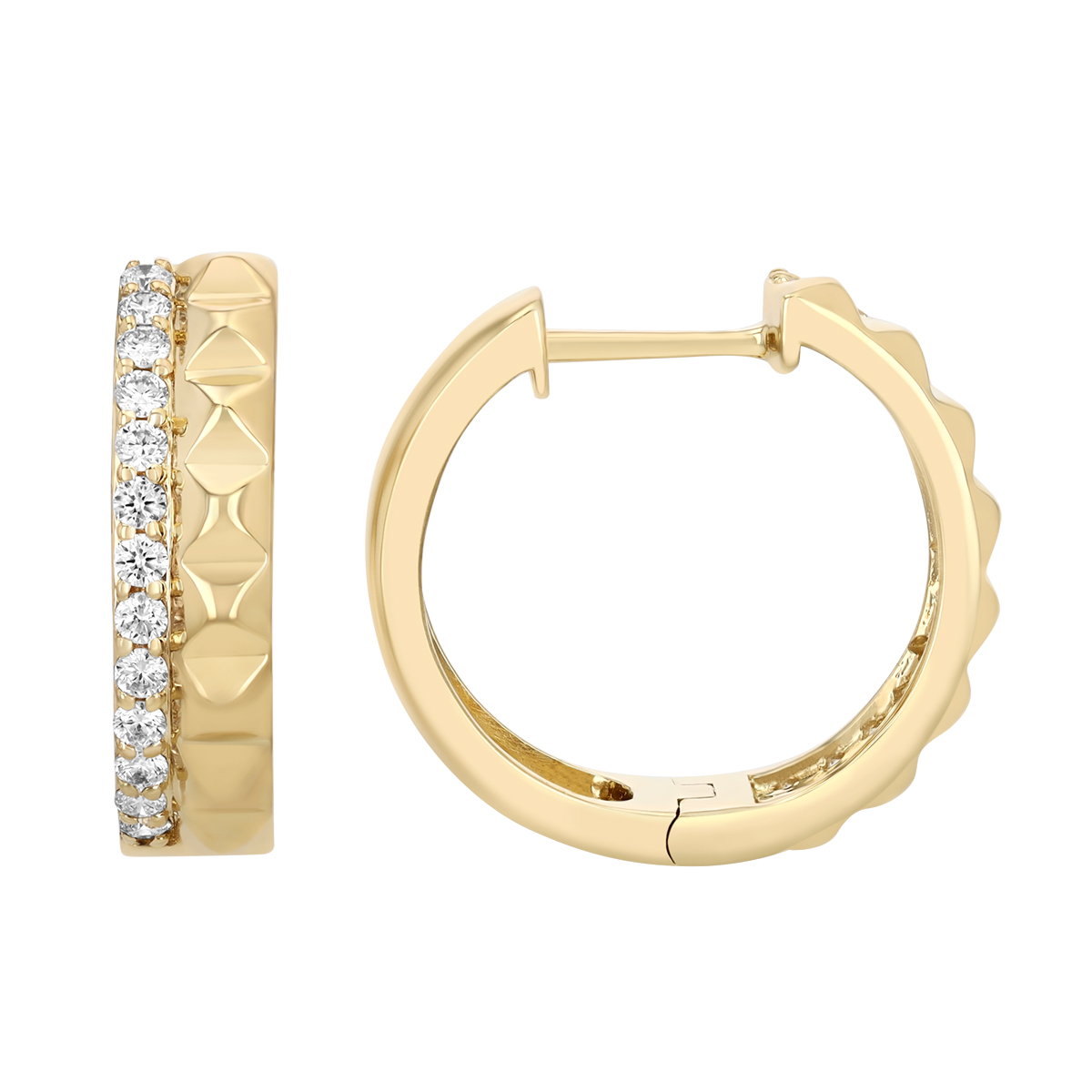 Diamond & Pyramid Pattern Hoop Earrings in Yellow Gold
