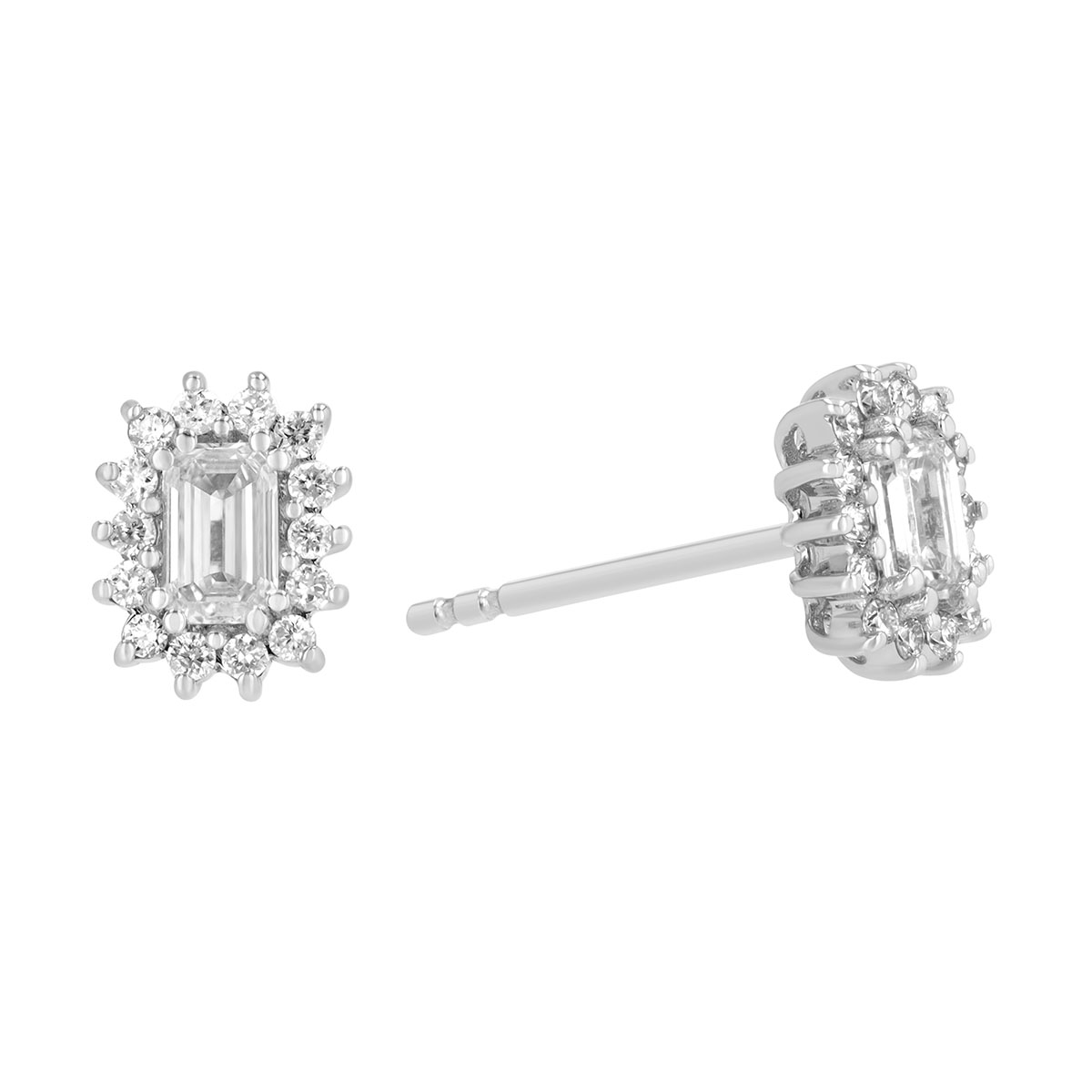 Emerald Cut Diamond & Halo Stud Earrings in White Gold