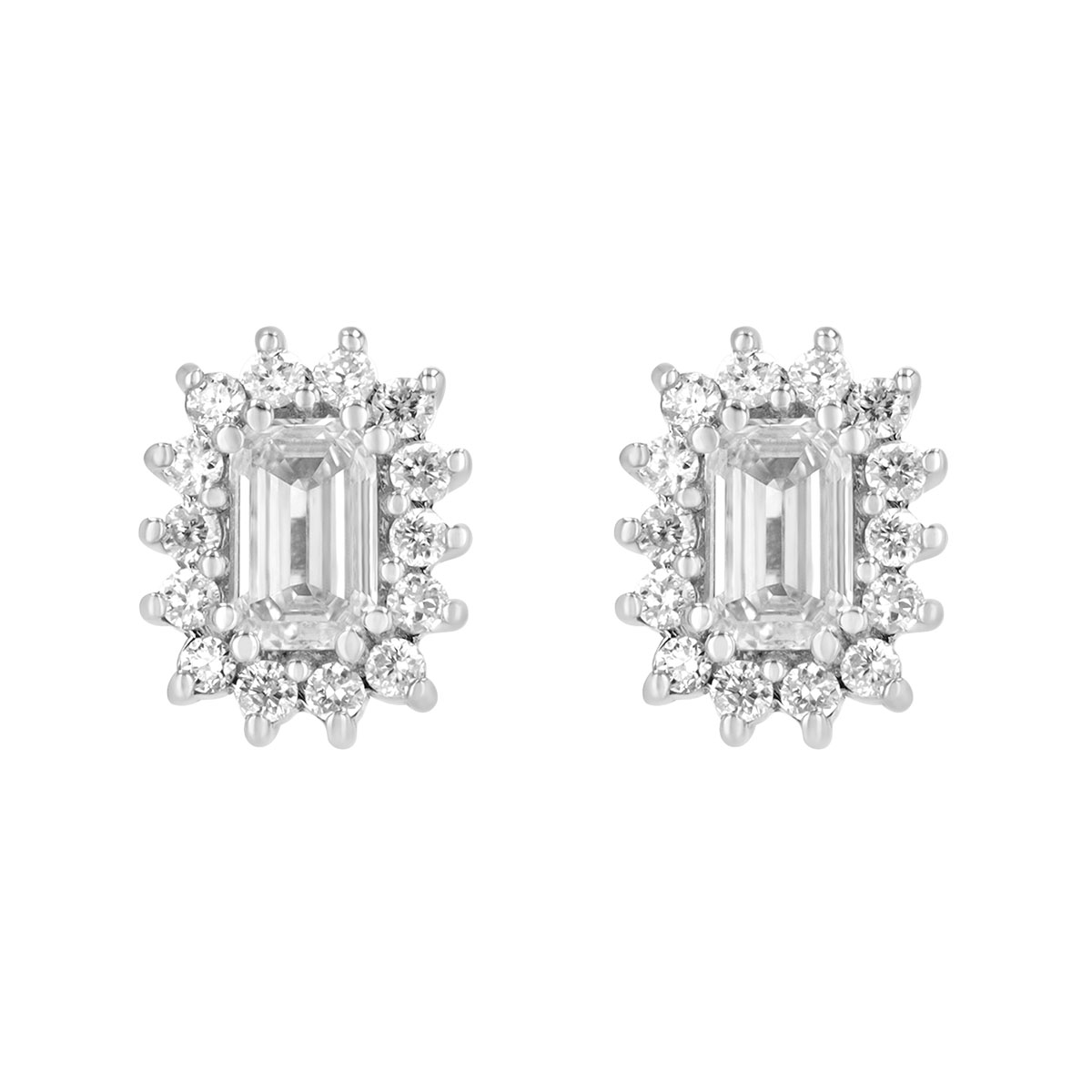 Emerald Cut Diamond & Halo Stud Earrings in White Gold