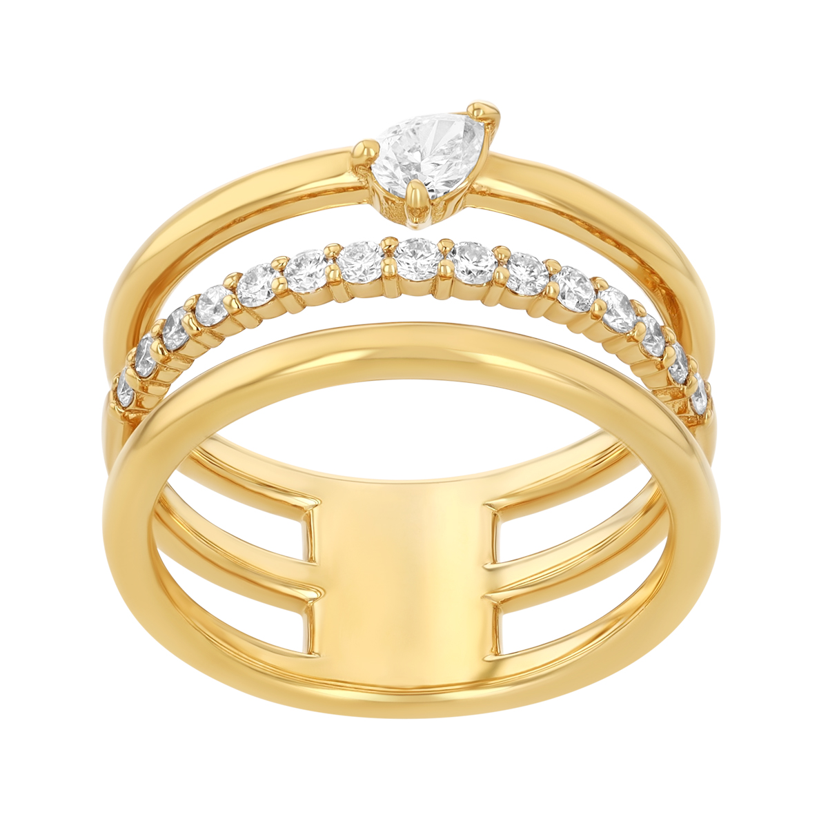 Pear Shape & Round Diamond 3 Band Ring in Yellow Gold