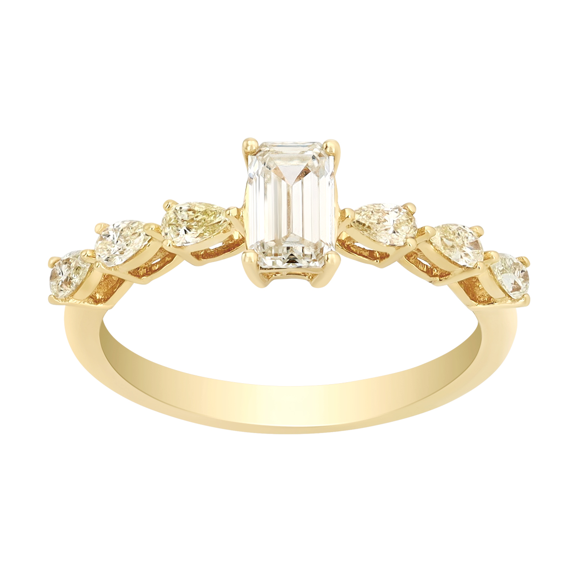 Emerald Cut & Pear Shape Fancy Yellow Diamond Ring in Yellow Gold