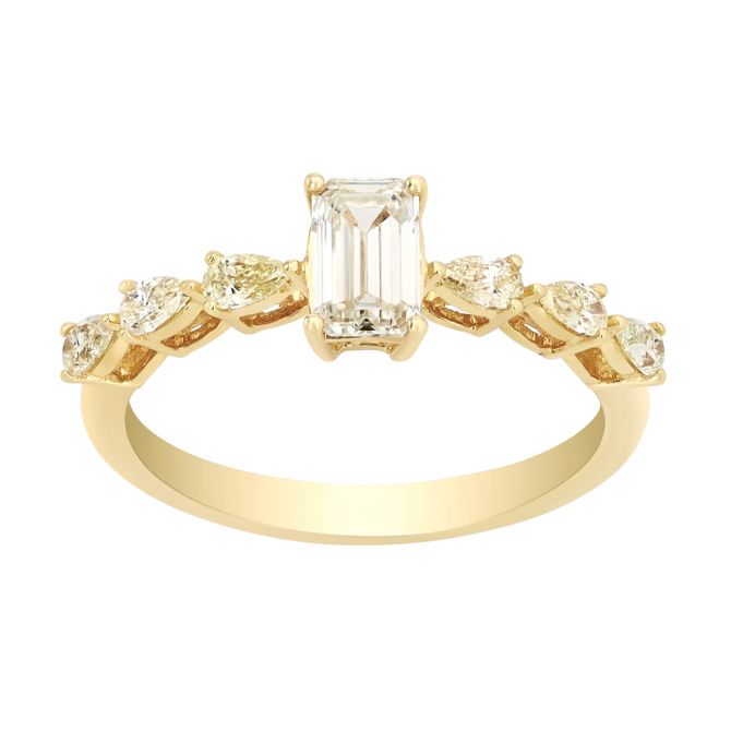 Emerald Cut & Pear Shape Fancy Yellow Diamond Ring in Yellow Gold