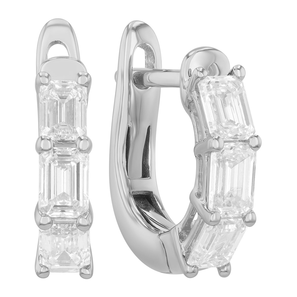 Emerald Cut Diamond Trio Huggie Hoop Earrings in White Gold