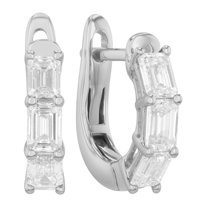 Emerald Cut Diamond Trio Huggie Hoop Earrings in White Gold